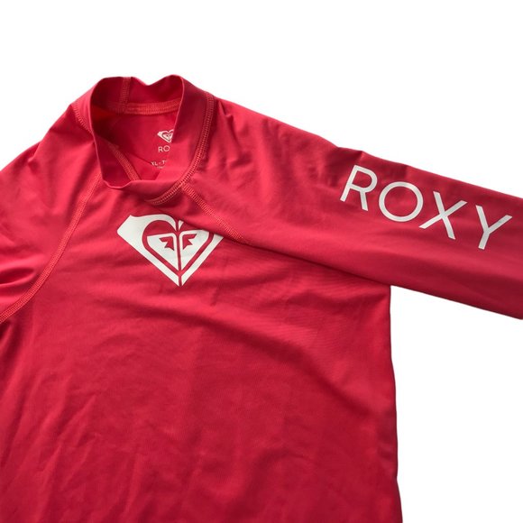 ROXY Long Sleeve Rash Guard Shirt Swim Surf.Pink White Text Logo.Size Girls